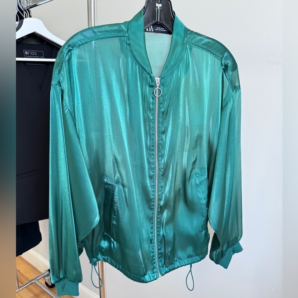 ZARA Green Sheer Zipper Jacket in XS